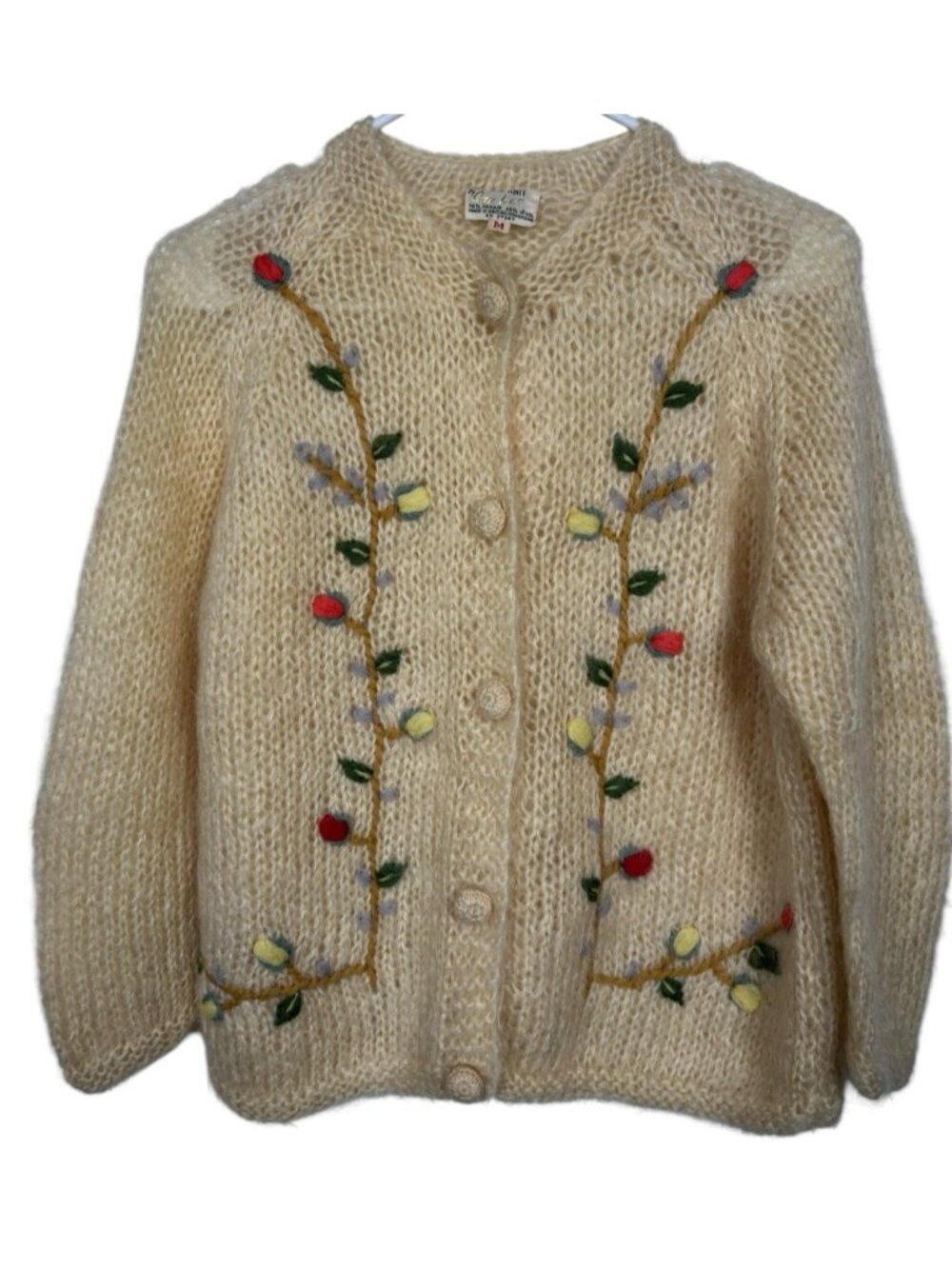 Vtg 60s Cyn Les Cardigan Sweater M Mohair Blend Floral Embroidery Cream Grandma